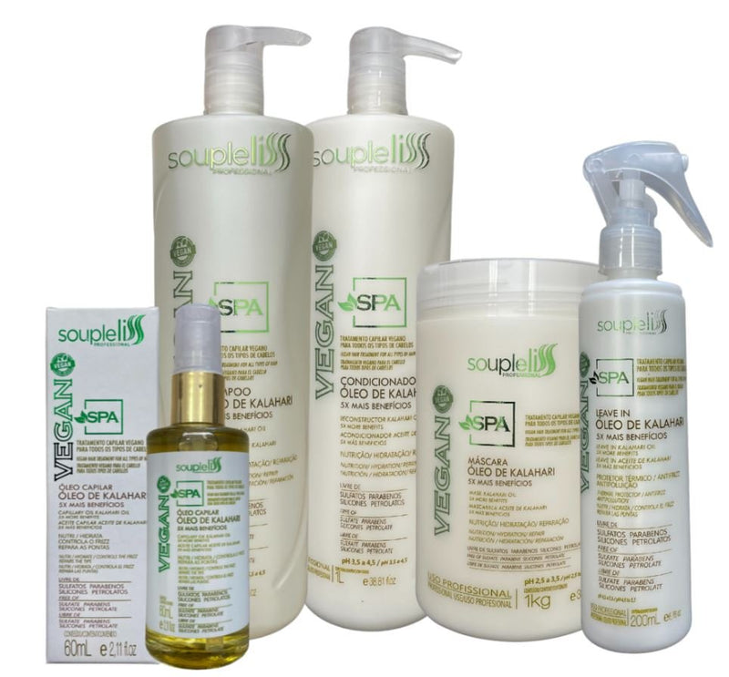 Kit Completo Profissional Óleo Kalahari Spa Vegan 3x1L + Óleo Finalizador 60ml + Leave-in 200ml Soupleliss