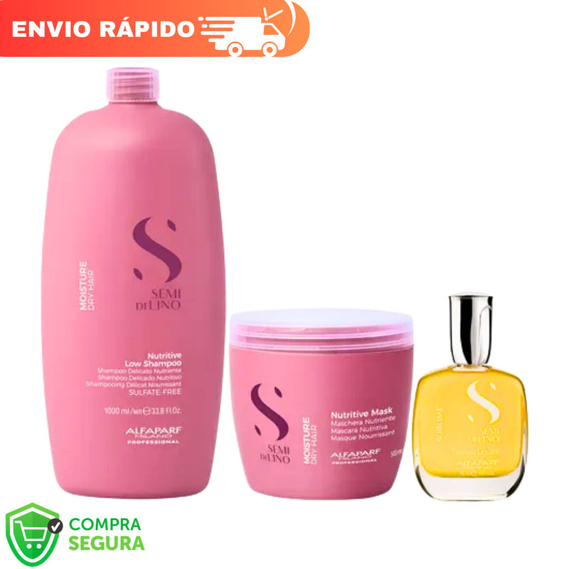 Kit Moisture Shampoo 1L - Máscara 500ml - Cristalli Liquid 15ml Alfaparf Semi Di Lino